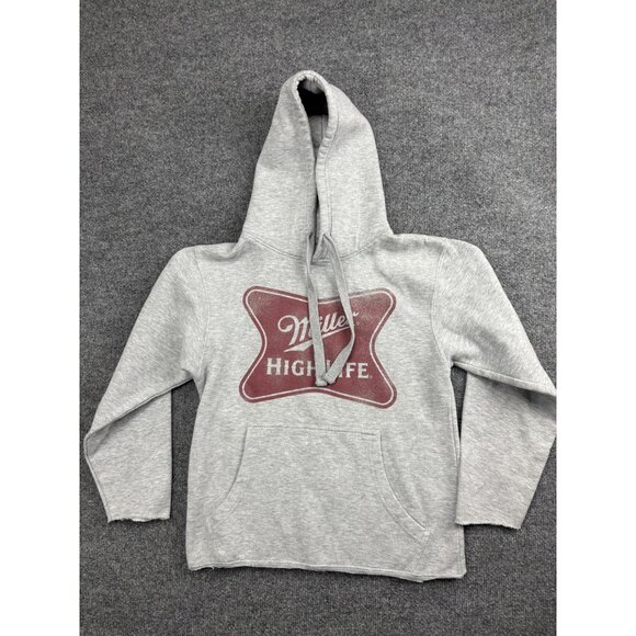 Miller High Life Hoodie Mens S Gray Pullover Graphic Raw Hem Cut Off Beer - Picture 1 of 6